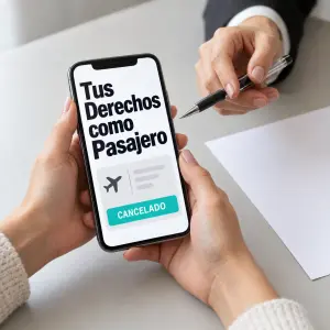 Abogado para reclamaciones de vuelos revisando con una pasajera la tarjeta de embarque de un vuelo cancelado