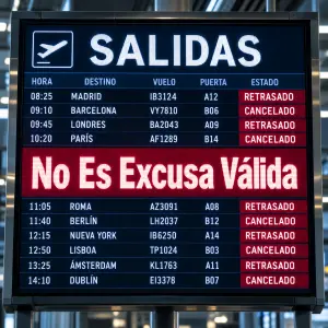 Panel de salidas de un aeropuerto con vuelos retrasados y cancelados por supuestas circunstancias extraordinarias