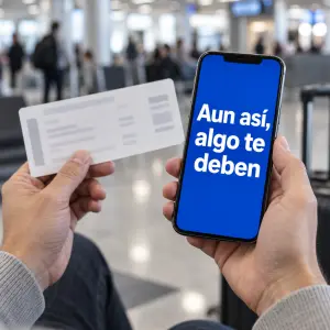 Pasajero revisando su tarjeta de embarque tras un vuelo retrasado