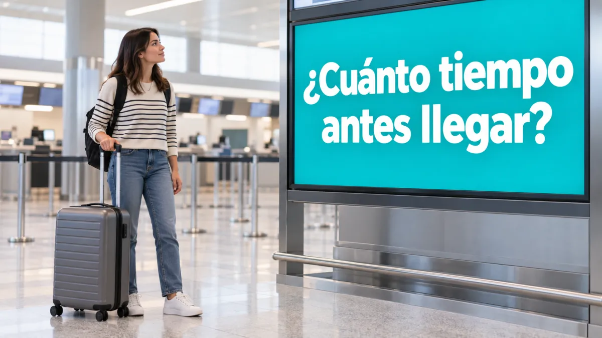 Cuánto tiempo antes hay que estar en el aeropuerto: pasajero mirando el panel de vuelos con su maleta