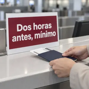 Pasajero comprobando cuánto tiempo antes hay que estar en el aeropuerto en el panel de facturación