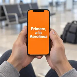 Pasajera en el aeropuerto consultando dónde reclamar un retraso de vuelo ante la aerolínea