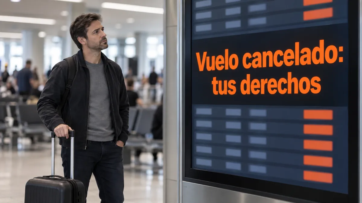 Pasajero revisa su equipaje de mano ante el panel de vuelos cancelados