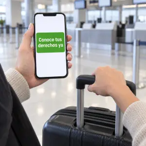 Pasajero con su equipaje de mano ante el mostrador tras un vuelo cancelado