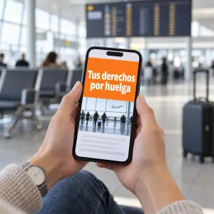 Pasajera ante un panel de salidas con vuelos retrasados por huelga, pensando en sus derechos por huelgas y retrasos de vuelo