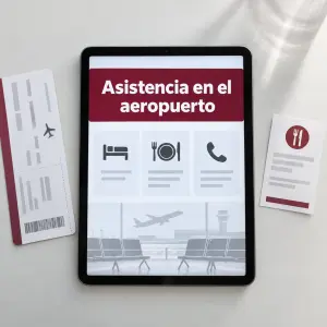 Familia esperando en la terminal con bonos de comida, ejerciendo sus derechos por huelgas y retrasos de vuelo