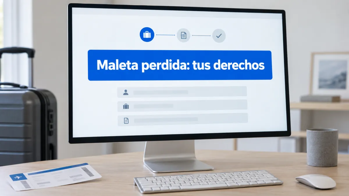 Maleta perdida tras un vuelo: pasajero en el mostrador de equipajes rellenando el parte de irregularidad