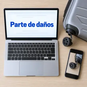 Maleta dañada tras un vuelo: pasajero fotografiando con el móvil la rueda rota del equipaje facturado