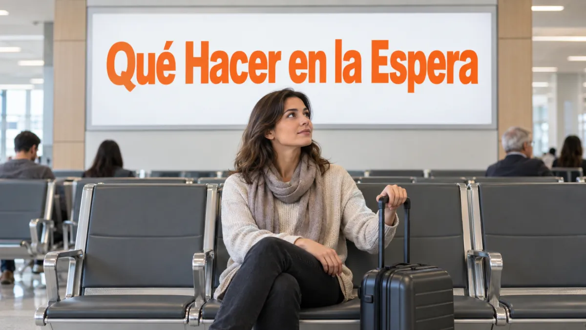 qué hacer durante una larga espera en el aeropuerto: sala de espera con pasajeros y pantalla de vuelos