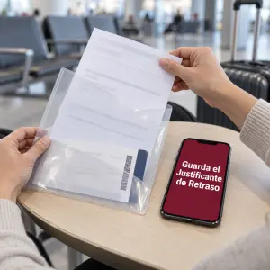 pasajero guardando el justificante de retraso y la tarjeta de embarque