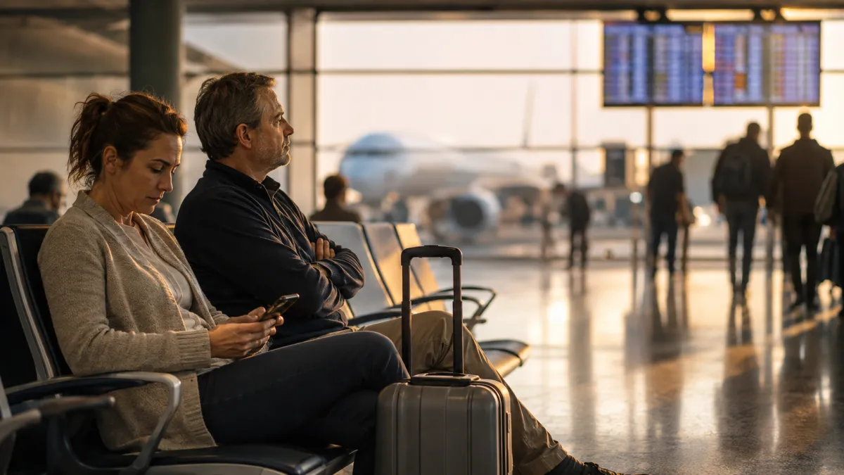 Dos pasajeros esperando sentados en la sala de embarque de un aeropuerto, con la maleta al lado y el panel de vuelos al fondo