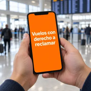 Pasajera consulta el Reglamento 261/2004 de derechos de los pasajeros ante un panel de vuelos cancelados