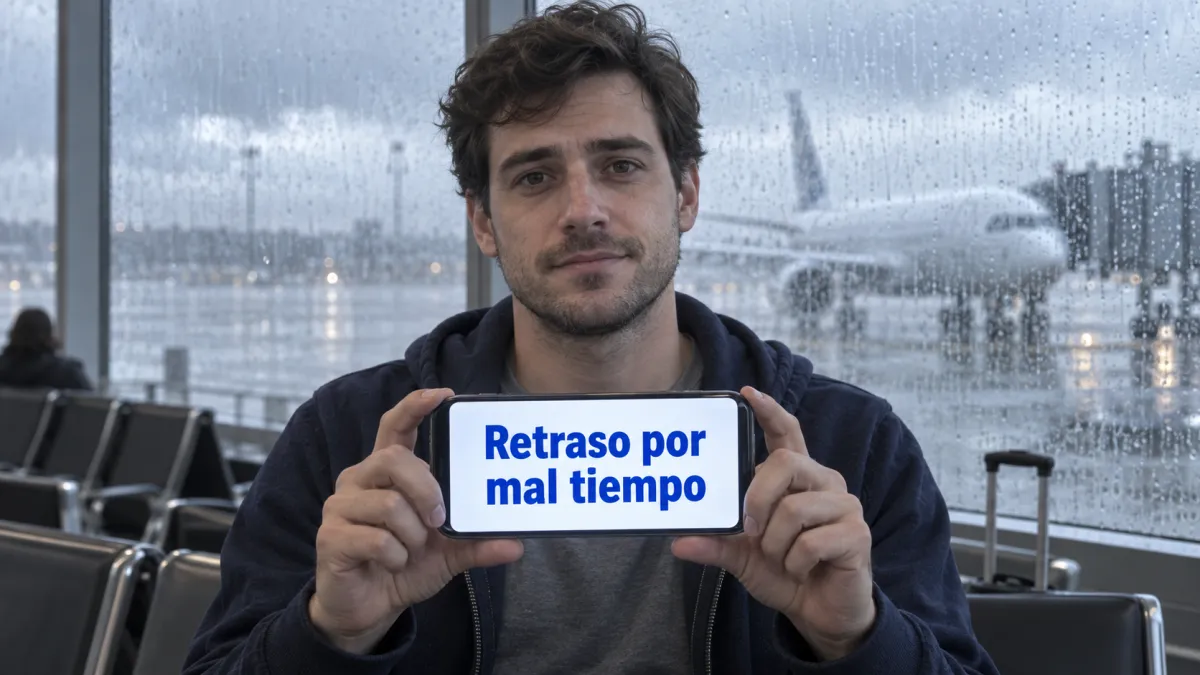 Pasajero observando el panel de vuelos durante un retraso de vuelo por mal tiempo