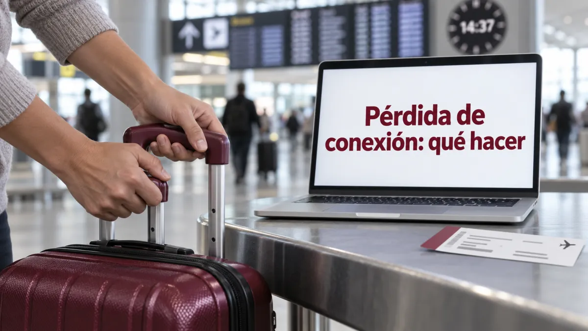Maleta y tarjeta de embarque junto a un reloj que representa un retraso de vuelo con pérdida de conexión
