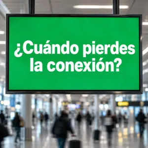 Pasajero mirando el panel de vuelos tras un retraso de vuelo con pérdida de conexión
