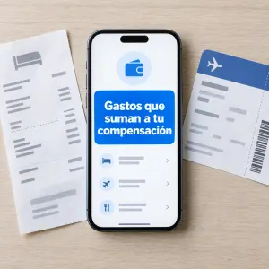 Pasajero revisando facturas de hotel y billete tras perder su vuelo de conexión