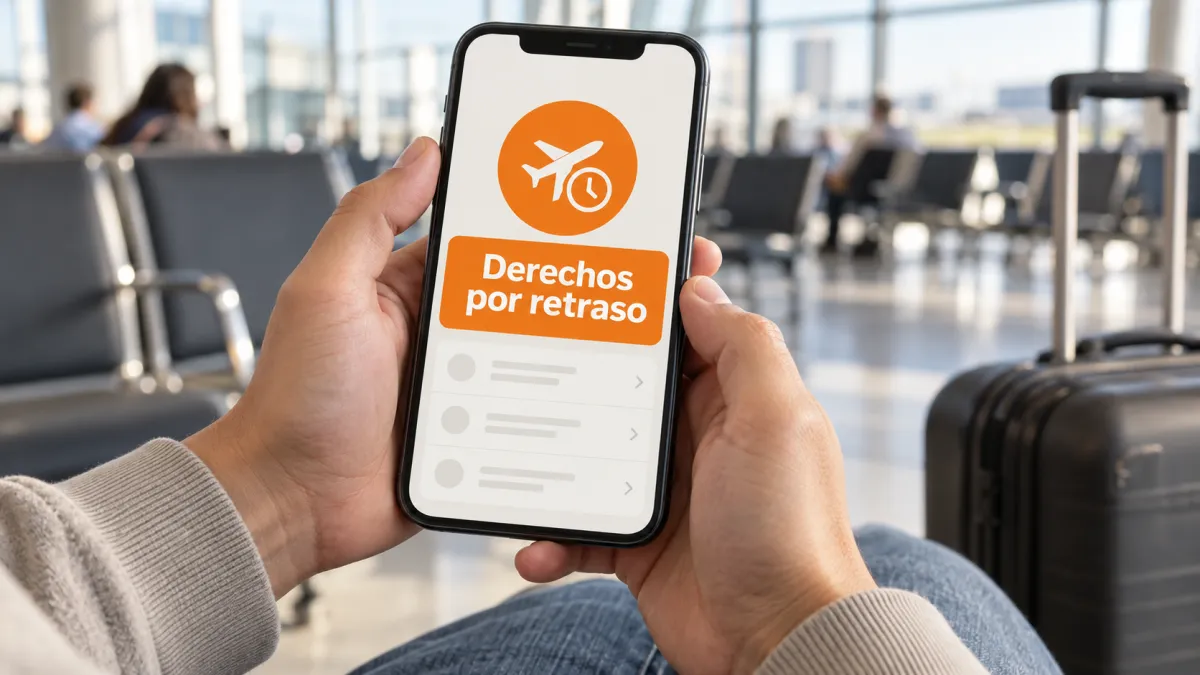 Pasajero comprobando en su móvil un retraso de vuelo con Ryanair
