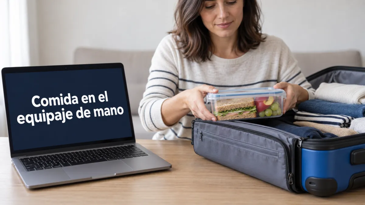 Se puede llevar comida en el equipaje de mano: viajera guardando un táper en su maleta de cabina