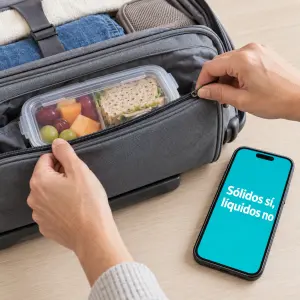 Se puede llevar comida en el equipaje de mano: fiambrera con fruta y bocadillo junto a una maleta de cabina