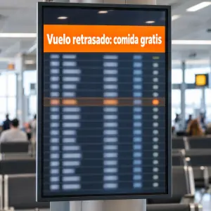 Pasajeros esperando en la puerta de embarque ante un panel que anuncia un vuelo retrasado