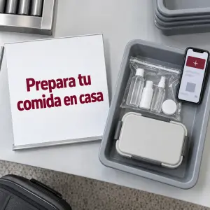 Bandeja del control de seguridad con bolsa transparente y táper para llevar comida en el equipaje de mano