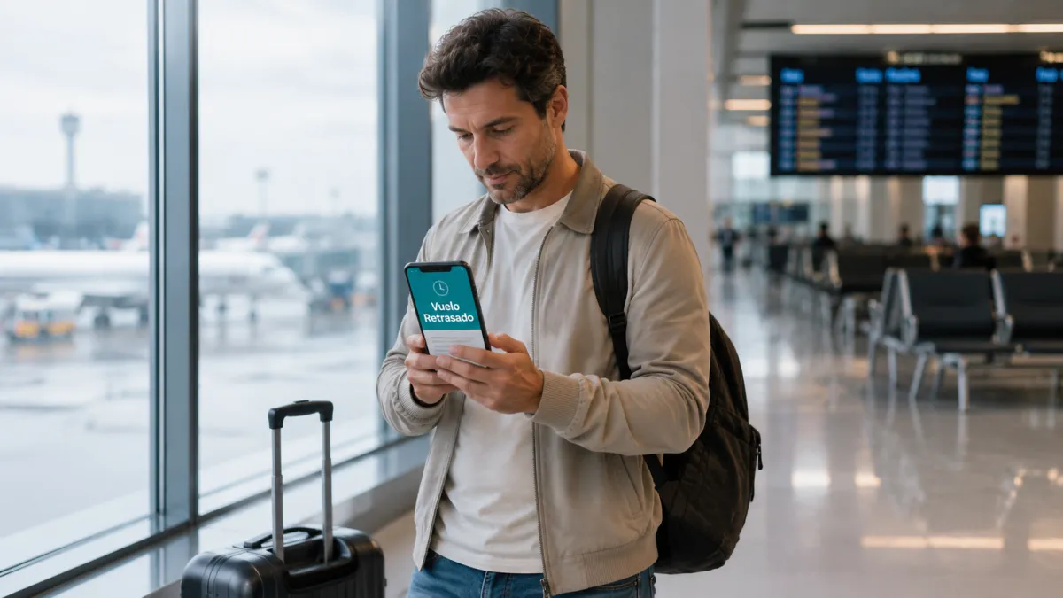 Pasajero mirando el móvil para iniciar una reclamación a Vueling por retraso