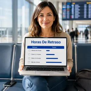 Pasajero mirando el móvil para iniciar una reclamación a Vueling por retraso