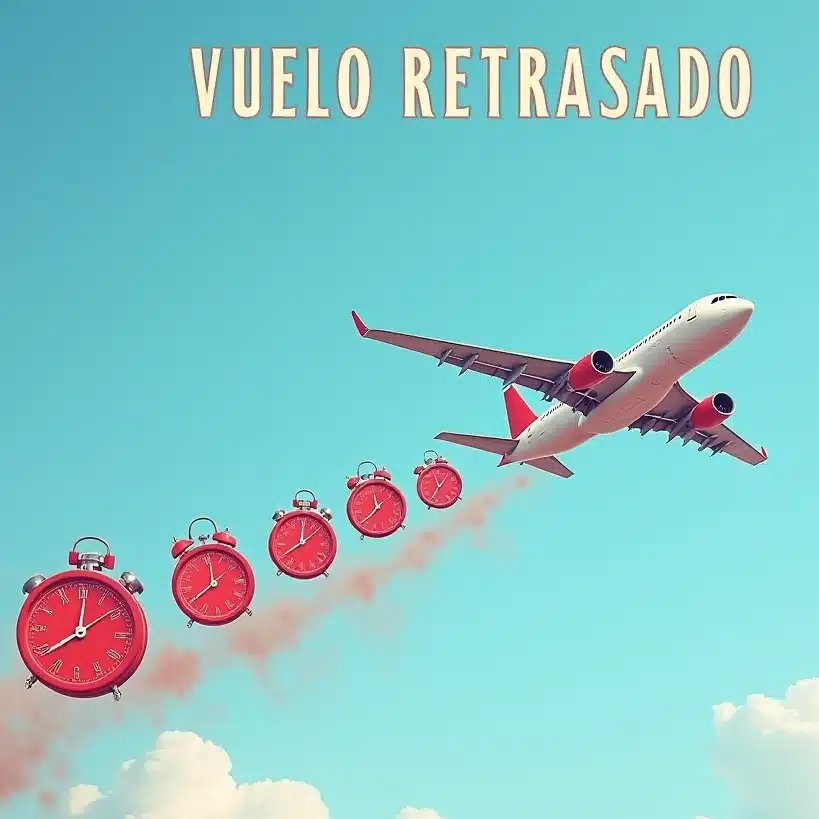 Compensación por vuelo retrasado: avión en cielo con relojes rojos que simbolizan la demora y el tiempo perdido