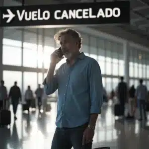 Compensación por vuelo retrasado con documentos y panel de llegadas