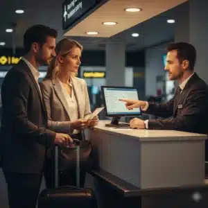 Asistencia en terminal por retraso de 2 horas Pasajeros esperando y revisión de vales por retraso de 2 horas en tu vuelo