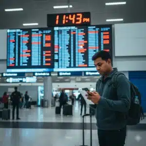 Opciones y reembolso desde 5 horas Mostrador ofreciendo alternativas y reembolso por espera de cinco horas