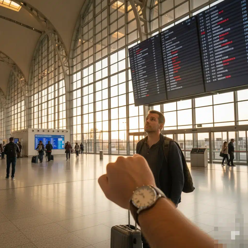 Pasajera frente a panel de salidas con “retraso”, maleta de cabina, plano medio, 35 mm, luz natural suave de terminal, composición con líneas convergentes al panel, gesto de frustración contenida, estilo editorial de viaje profesional