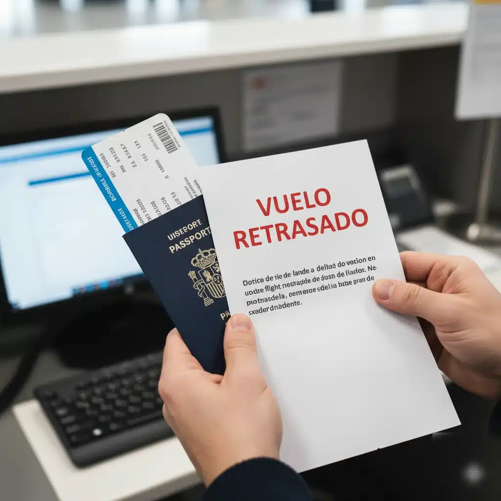 Pasajera observa el panel con su vuelo marcado como retrasado: cómo reclamar un vuelo retrasado en España
