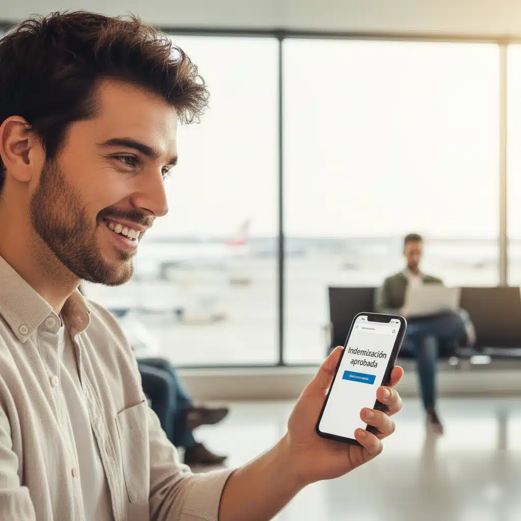 Pasajero recibe confirmación de indemnización aprobada en el móvil
