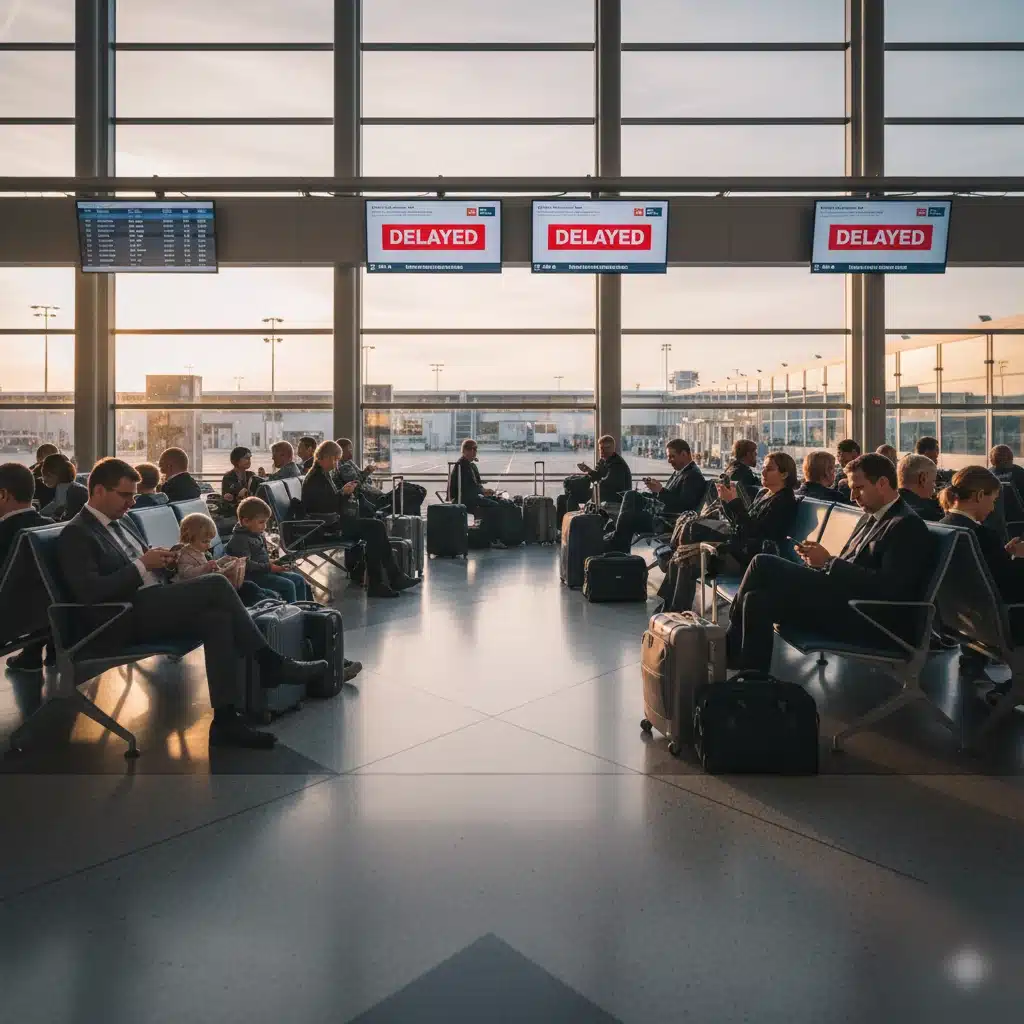 Pasajeros esperando en el aeropuerto por un retraso de 2 horas, mostrando vales de comida y derecho de asistencia según la normativa europea