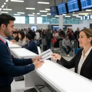 Manos con tarjeta de embarque y móvil con formulario para reclamar compensación por vuelo retrasado