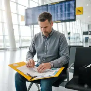 Documentar gastos tras un vuelo cancelado con Vueling Hombre ordenando tickets y facturas para reclamar a Vueling por un vuelo cancelado