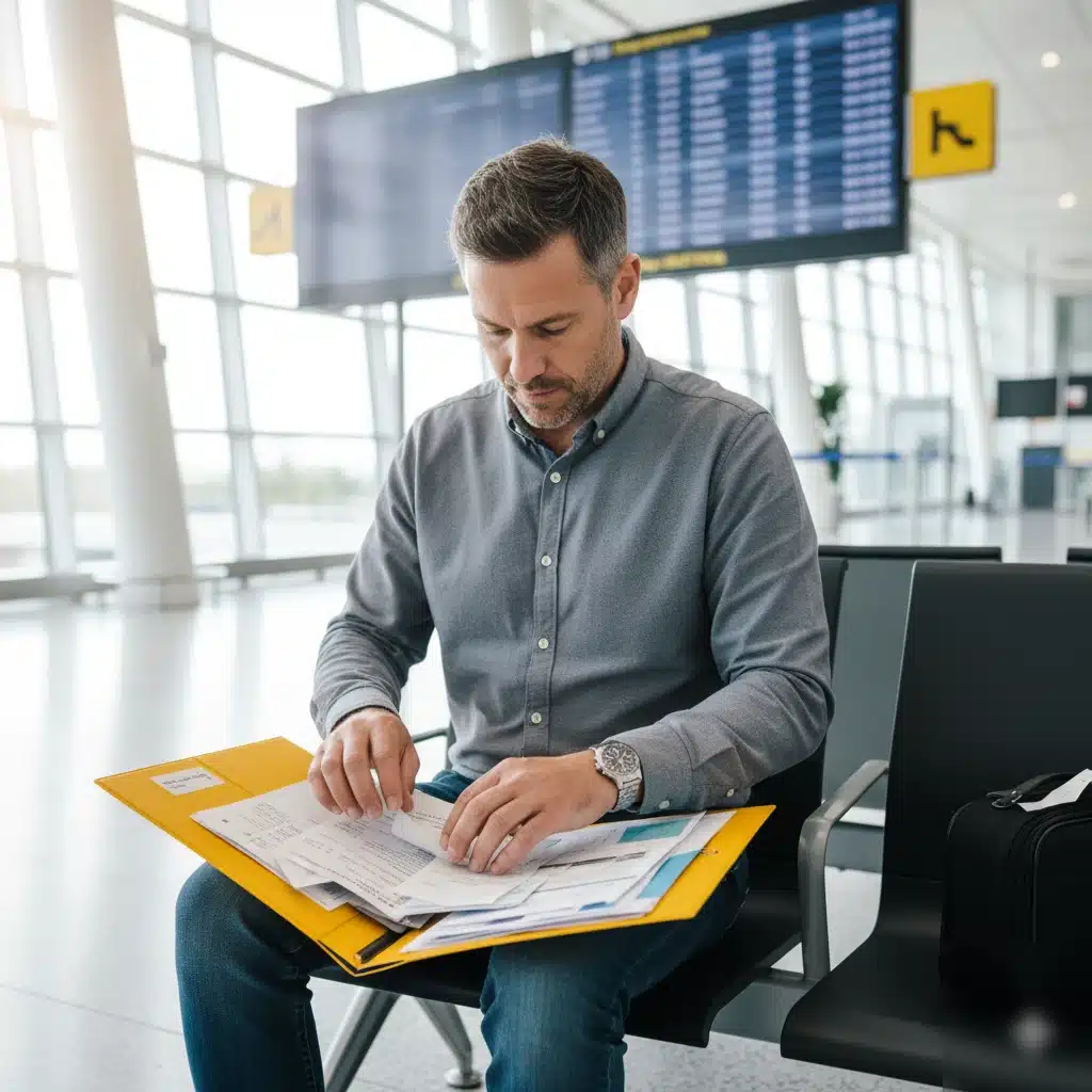 Viajera mirando el panel del aeropuerto tras la cancelación de su vuelo y dudando si perderá la reserva del hotel