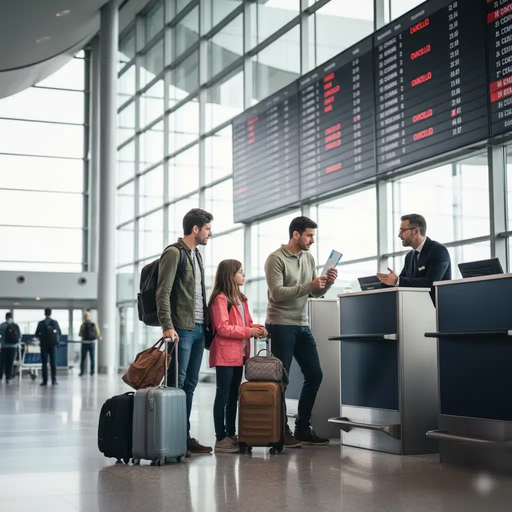 Pasajeros afectados por una cancelación de vuelo recibiendo asistencia en el aeropuerto antes de reclamar su compensación.