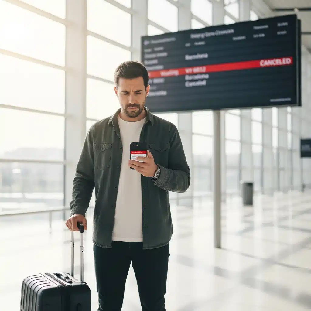Pasajero revisando en el aeropuerto la cancelación de un vuelo de Vueling en el panel de salidas