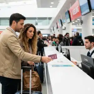 Pasajero de Vueling ante un vuelo cancelado Pasajero consultando en el aeropuerto el aviso de vuelo cancelado de Vueling
