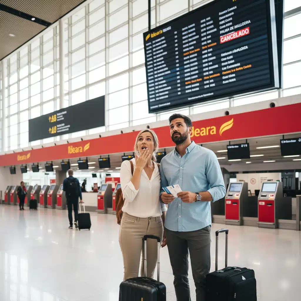 Pareja observando en el aeropuerto un panel con su vuelo cancelado con Iberia mientras busca información para reclamar