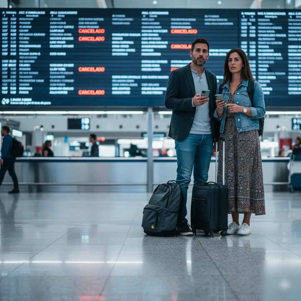 Pasajeros revisando información en el aeropuerto para reclamar un vuelo cancelado tras una incidencia