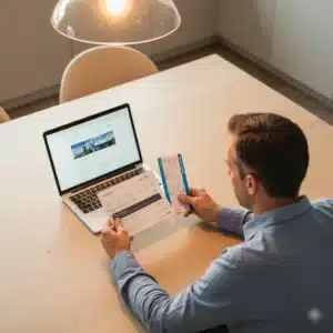 Pasajero organizando documentos para la indemnización por cancelación de vuelo en casa