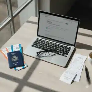 Viajera revisando su móvil junto a la maleta y guardando billetes y facturas para reclamar la cancelación del vuelo