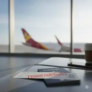 Pareja frente al mostrador organizando la reclamación tras un vuelo cancelado con Iberia.