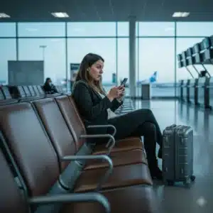 Familia consultando en el aeropuerto cuánto pueden reclamar por un vuelo cancelado