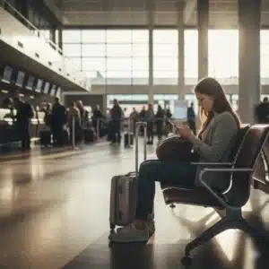 Pasajeros consultando un panel de vuelos cancelados mientras deciden cómo reclamar un vuelo cancelado